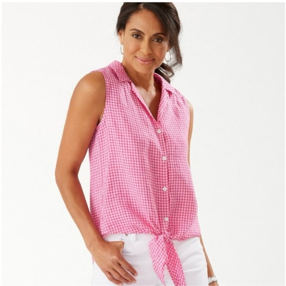 Tommy Bahama Women's Gingham Way Linen Sleeveless Camp Tie Pink White size Small - Picture 1 of 5